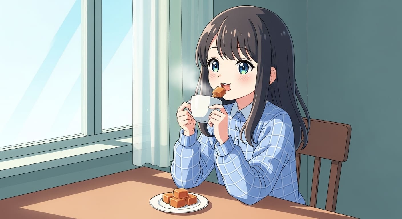 커피를 마시며 캐러멜을 먹고 행복한 표정을 짓는 캐릭터