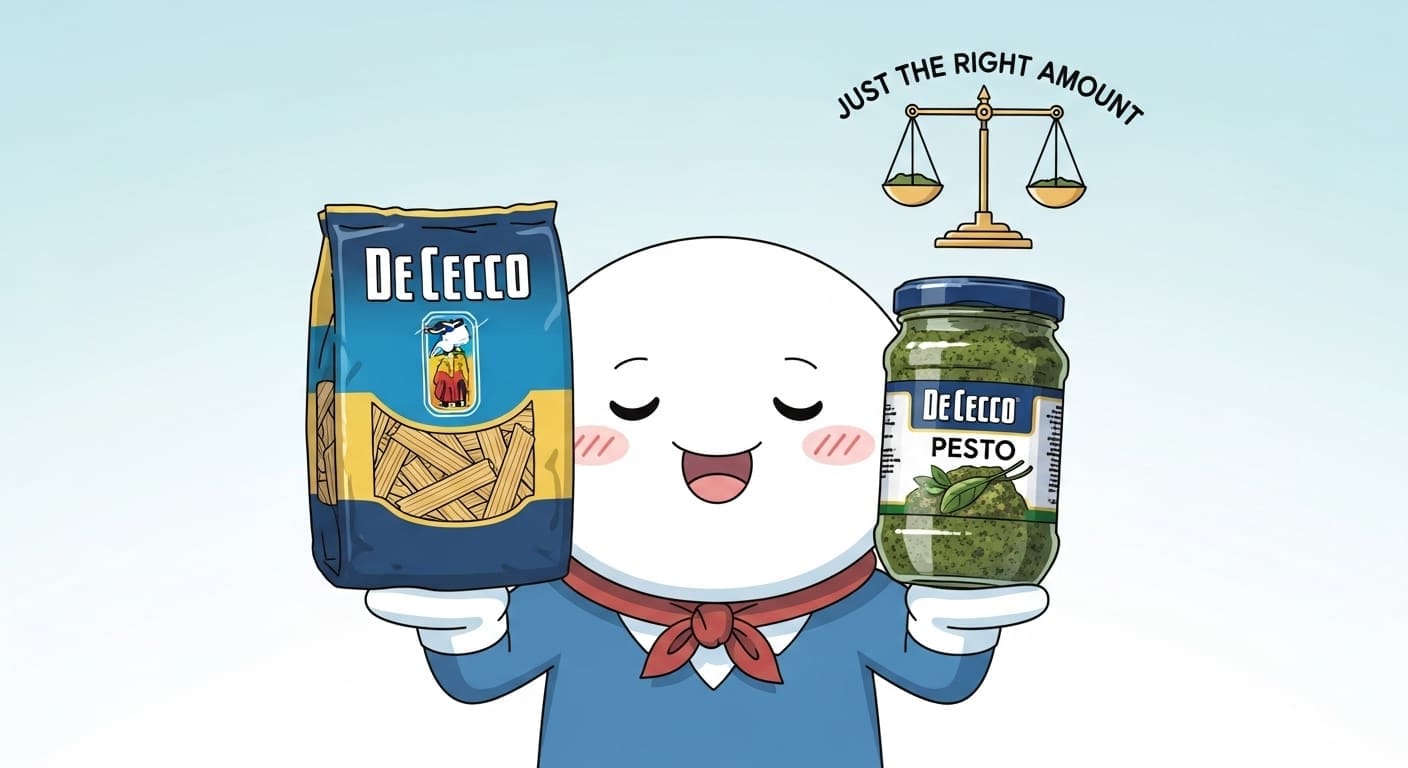 데체코-파스타-면과-페스토-병을-들고-뿌듯해하는-캐릭터